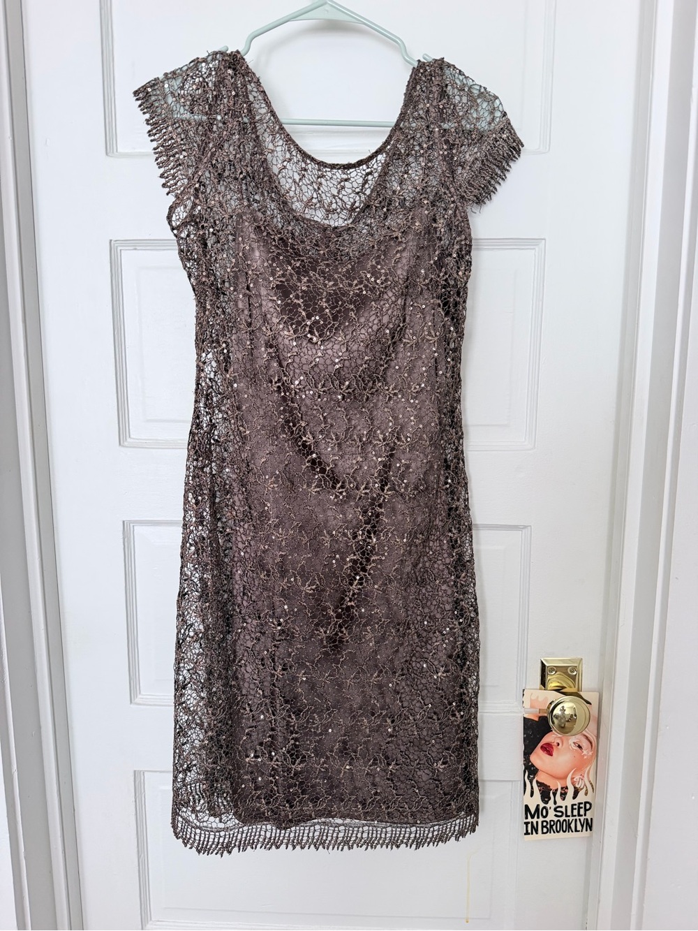Vintage R&M Richards Metallic Taupe Lace Fringe Cap-Sleeve Dress